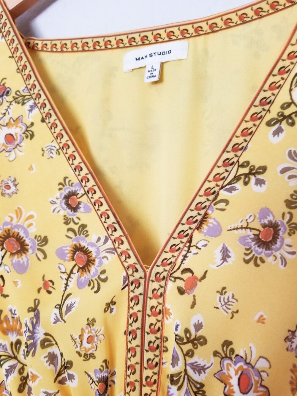 Max Studio Yellow Floral Smocked Waist V-Neck Mini Dress Long Sleeve Size L - Picture 9 of 14